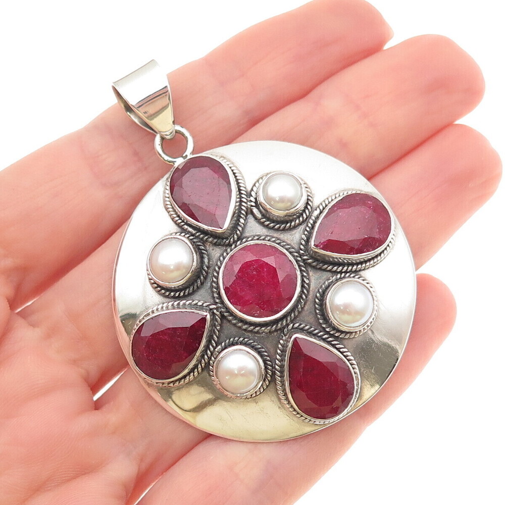 Fadi 925 Sterling Silver Vintage Real Ruby & Pearl Modernist Disc Pendant